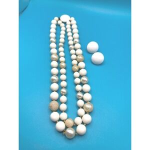 Vintage Double Strand Beaded Necklace Enamel Earrings Set Cream Gold Tone Accent